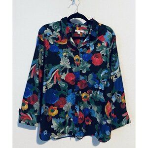 Chicos Top Womens XL Artsy Floral No Iron Stretch Cotton Long Sleeve Boho